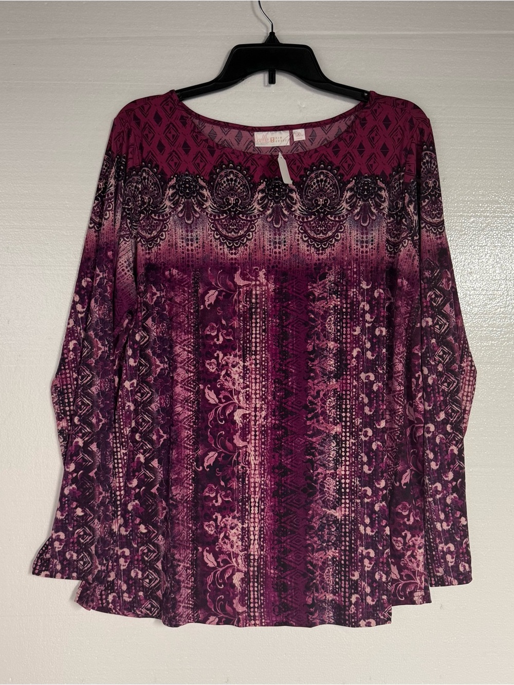 Belle by Kim Gravel Women XL Purple Boho Mixed Print Long Sleeve Tunic Top